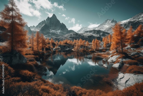Autumn mountain lake surrounded by snowy peaks and scenic landscape. Generative AI © Natalia