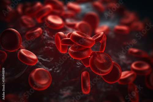 red blood cells floating into the blood flow, hyperrealistic microscope photography, generative AI