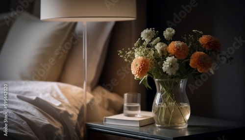 Comfortable bed with fresh flowers and modern decor generated by AI