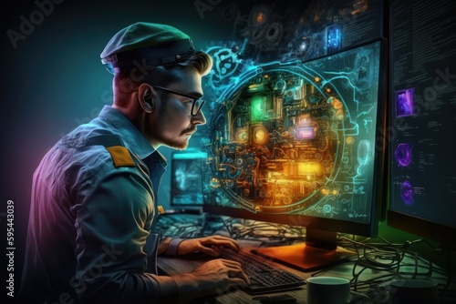 Cyber security concept with a man in a military uniform sitting in front of a computer monitor and using a laptop, Generative AI Illustration