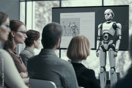 group of young people and robot teacher in classroom at school. education concept. Selective focus, Generative AI Illustration
