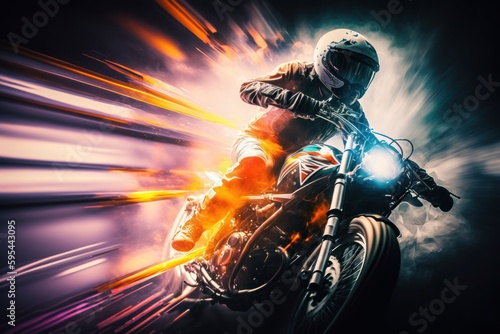 Motorcyclist riding a motorcycle on the road in high speed. Generative AI © LAYHONG