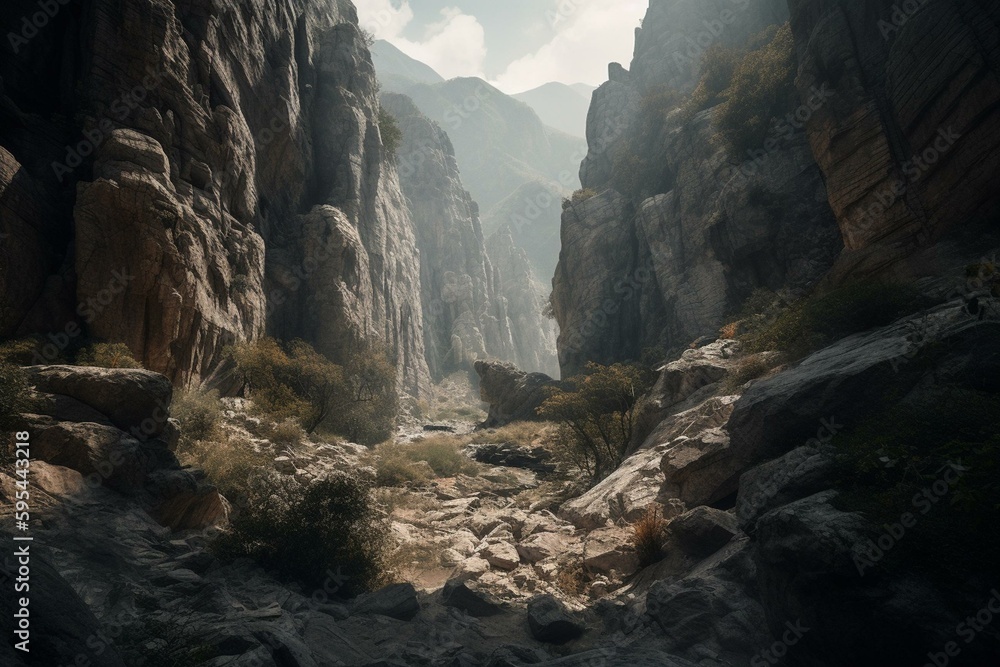 A vast chasm environment with high cliffs and deep valleys. Generative AI