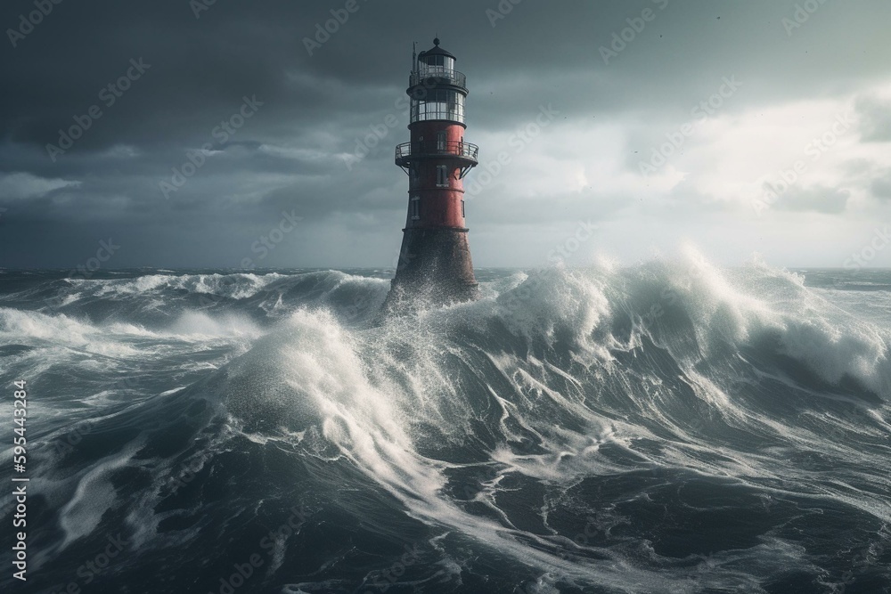 Lighthouse in a stormy ocean depicted in a digital painting. Generative AI