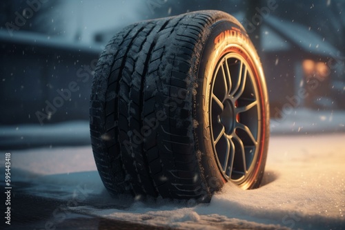 Winter tire with snow effect - 3D graphics. Generative AI © Miriam