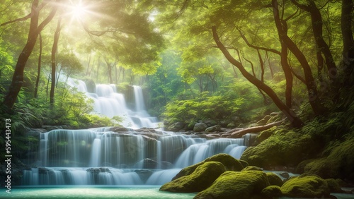A Wonderful Waterfall In The Middle Of A Lush Green Forest AI Generative