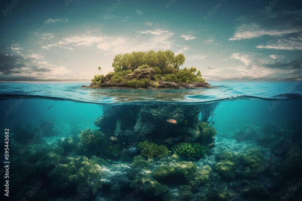 Boundary between island and coral reef surrounded by water. Inspired by nature. Generative AI