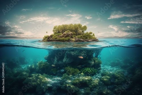 Boundary between island and coral reef surrounded by water. Inspired by nature. Generative AI © Kamila