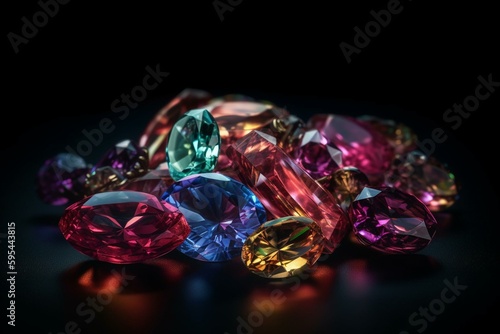 Colorful neon gems and jewels on black background. Generative AI