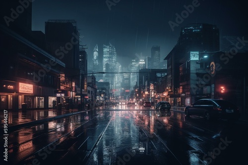 A futuristic cityscape at night with a long road ahead. Generative AI