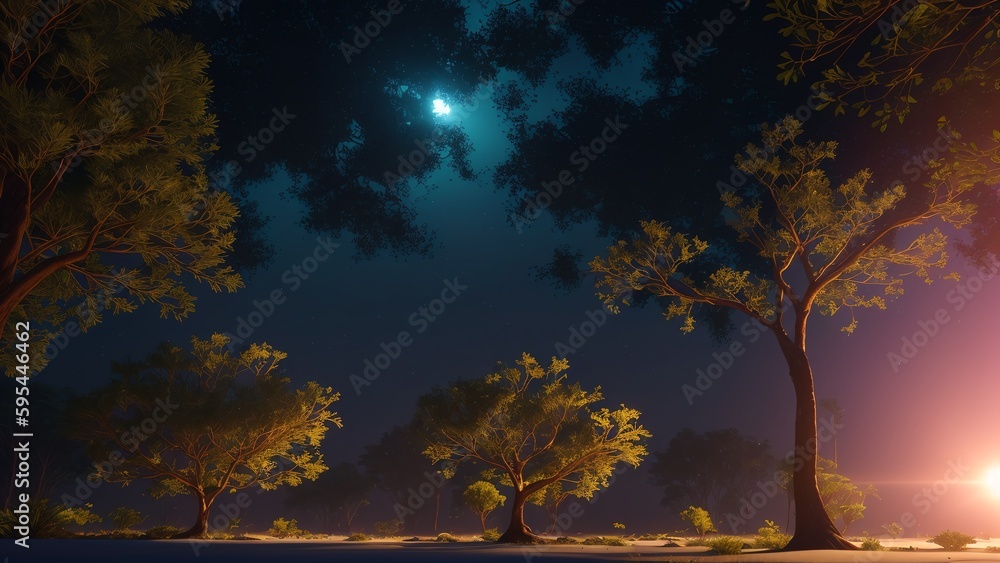 A Dreamy Night Scene Of A Park With A Bench And Trees AI Generative