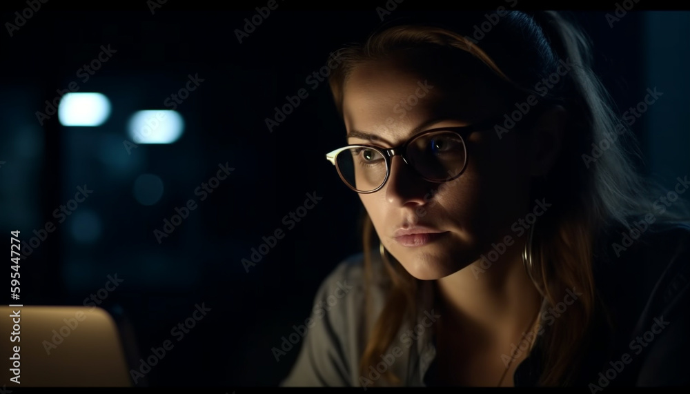 Young woman with eyeglasses working on laptop generated by AI