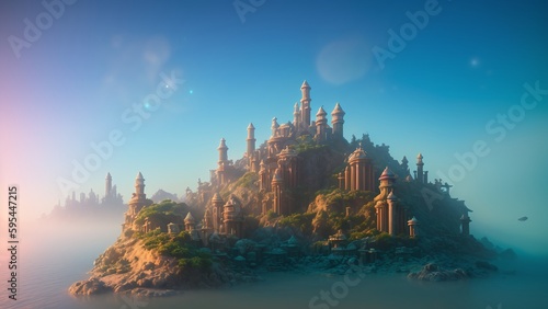 An Intriguing Digital Painting Of A Castle On A Small Island AI Generative © Cameron Schmidt