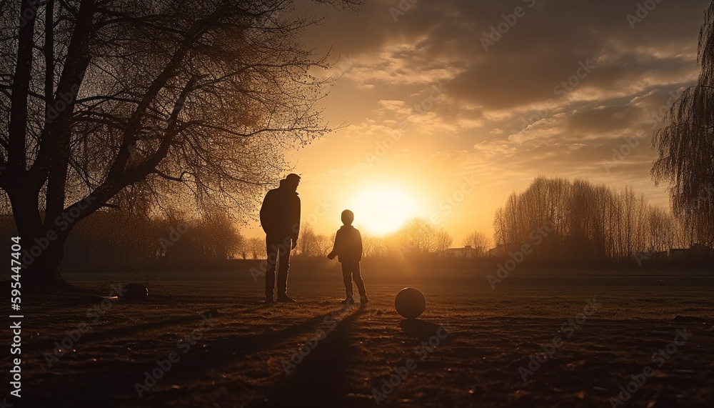 Silhouette of family playing ball at sunset generated by AI