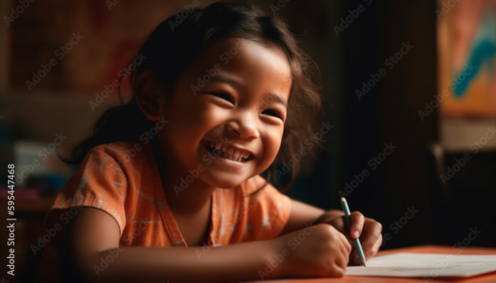 Smiling child studying at small table indoors generated by AI Smiling child studying at small table indoors generated by AI