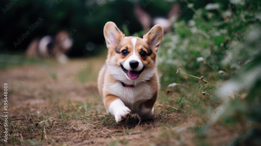 Corgi walking down a grass path Corgi walking down a grass path