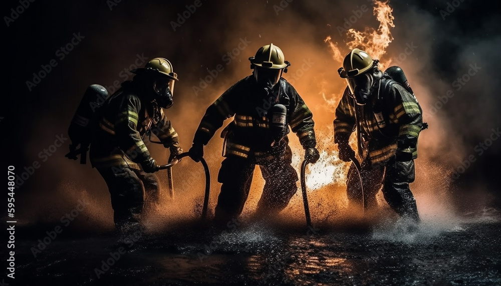 Heroes in protective suits spraying inferno flames generated by AI
