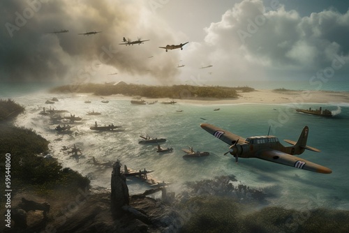 Fotografiet Illustration of a World War 2 dogfight over Saipan's Pacific Island in oil style