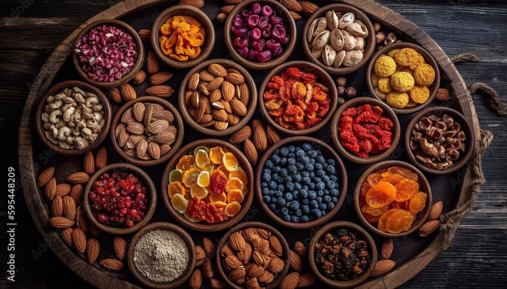 Healthy snack collection fruit, nuts, and spices generated by AI