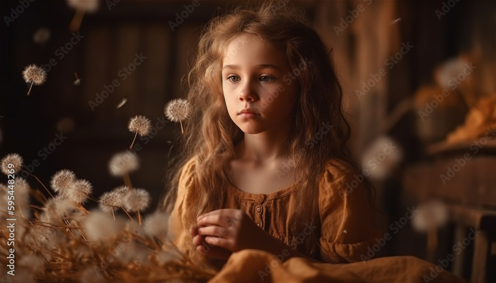 Cute girls blowing dandelion in nature beauty generated by AI