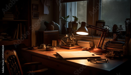Modern office desk illuminated by antique lamp generated by AI