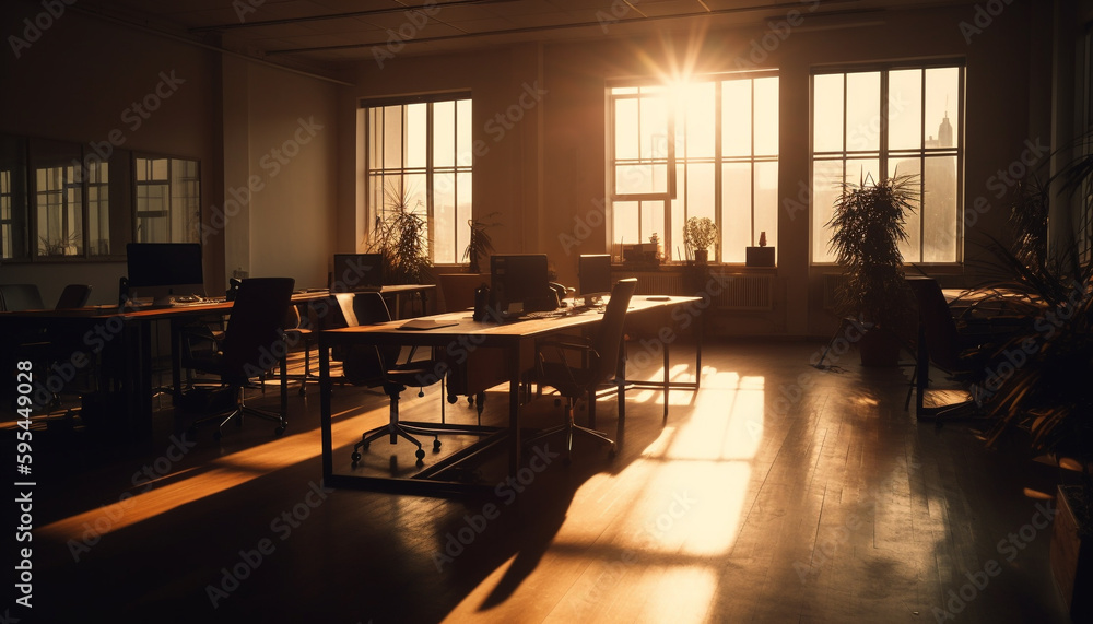 Empty modern office with dark backlit window generated by AI