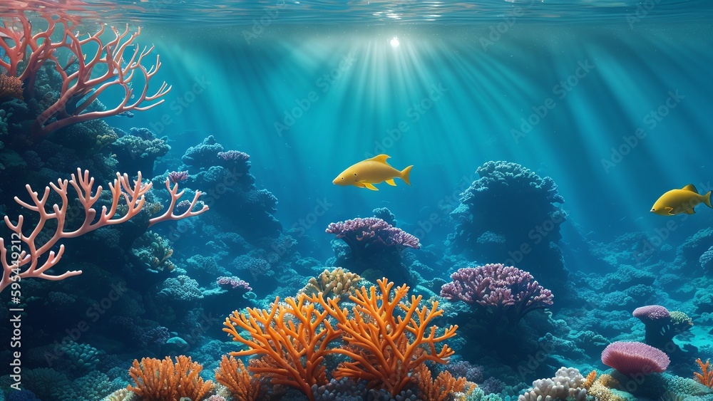 Naklejka premium A Wonderful Underwater Scene Of Coral Reefs And Fish In The Ocean AI Generative