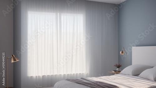 A Tasteful Bedroom With A White Bed And A Large Window AI Generative
