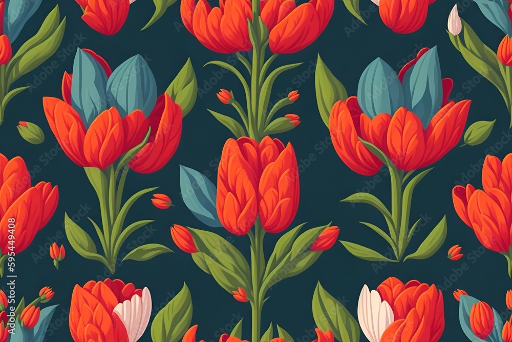 Seamless flower and leaf patterns, tulips theme, repeating patterns, fabric design, flat illustration, highly detailed clean, vector image, photorealistic masterpiece, generative AI Seamless flower and leaf patterns, tulips theme, repeating patterns, fabric design, flat illustration, highly detailed clean, vector image, photorealistic masterpiece, generative AI