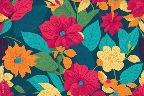 Seamless flower and leaf patterns, rainbow theme, repeating patterns, fabric design, flat illustration, highly detailed clean, vector image, photorealistic masterpiece, generative AI