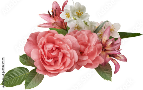 Pink roses and lily isolated on a transparent background. Png file.  Floral arrangement, bouquet of garden flowers. Can be used for invitations, greeting, wedding card.