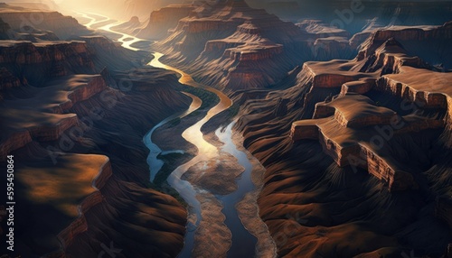 Serenity: A breathtaking aerial view of the tranquil Canyon Morning during the serene hours, with a touch of fantasy, creating the perfect background wallpaper for your devices Generative AI