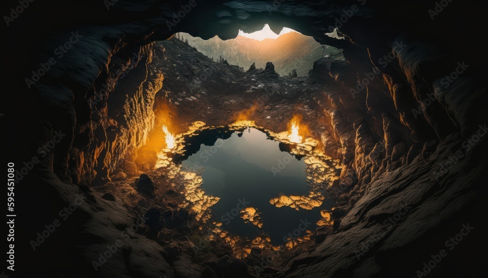 Fantasy meets serenity in this beautiful aerial Cave Sunrise view featuring the tranquil hours, perfect as a background wallpaper for your devices Generative AI