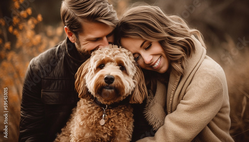 Smiling couple embraces cute dog in nature generated by AI