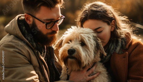 Smiling men and their dogs enjoy nature generated by AI