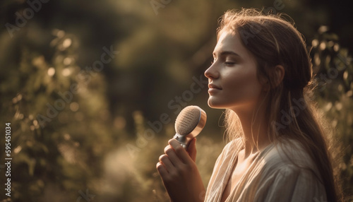 Young woman holding guitar, enjoying nature beauty generated by AI