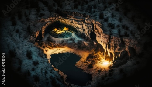 Majestic  Cave Nighttime   A Stunning Aerial View with a Touch of Fantasy  Perfect as a Background Wallpaper for Your Devices. Breathtaking Serenity Captured in Every Detail Generative AI