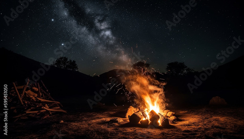 Men hiking mountain, campfire glowing in dark generated by AI