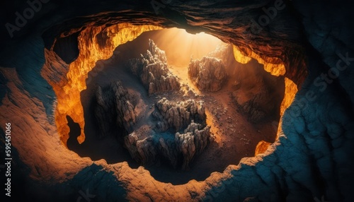 A breathtaking aerial view of the Cave Sunrise captured during the serene hours, with a touch of fantasy, making it the perfect background wallpaper for your devices Generative AI
