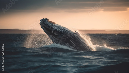 Majestic humpback whale breaching in sunset sea generated by AI © Stockgiu