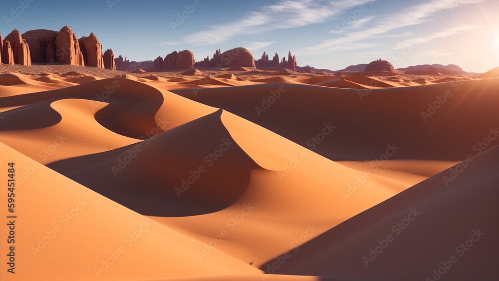 An Enchanting View Of A Desert With Sand Dunes And A Mountain In The Background AI Generative