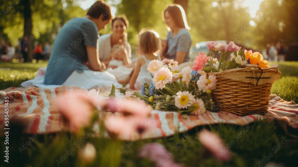 Mother's Day Picnic in the Park with Bouquet of Flowers by Generative AI