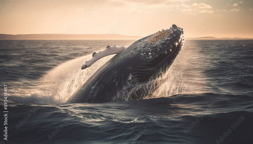 Fototapeta premium Humpback whale breaching, dolphin jumping, nature beauty generated by AI