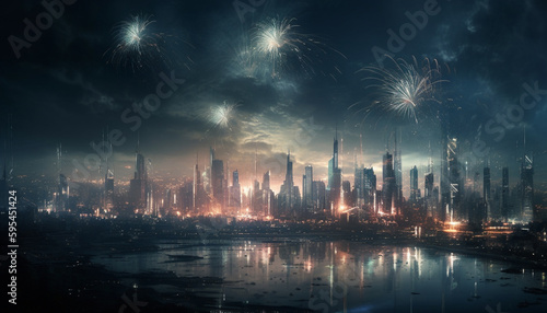 Glowing city skyline ignites waterfront firework display generated by AI
