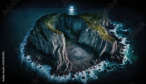 Serenity: A breathtaking aerial view of the tranquil Cliff Midnight during the serene hours, with a touch of fantasy, creating the perfect background wallpaper for your devices Generative AI
