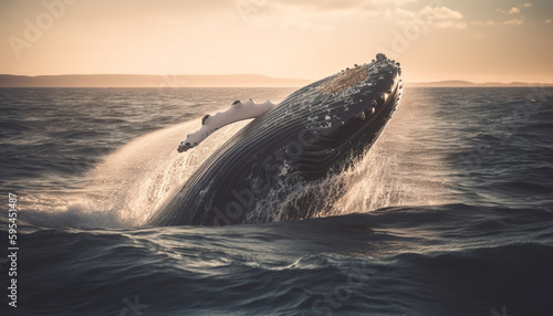 Humpback whale breaching, dolphin jumping, nature beauty generated by AI © Stockgiu