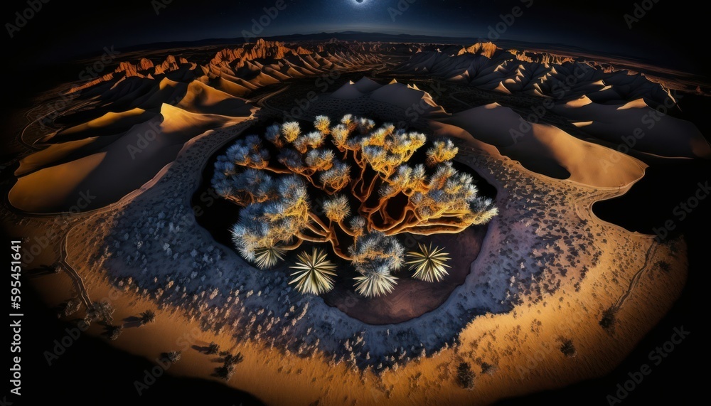 A breathtaking aerial view of the Desert Midnight captured during the serene hours, with a touch of fantasy, making it the perfect background wallpaper for your devices Generative AI