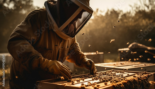Beekeeper in protective workwear holding honeycomb outdoors generated by AI © Jeronimo Ramos