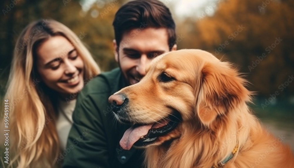 Smiling women embrace playful puppy in nature beauty generated by AI