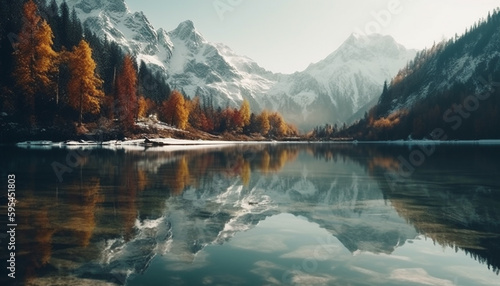 Majestic mountain range reflects tranquil autumn beauty generated by AI